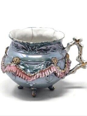Antique Victorian Blue Lusterware Footed Teacup Small Pitcher